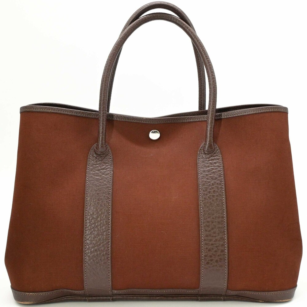 HERMES Garden PM 36 Handbag Tote Bag Toile Officier Canvas Brown - Picture 2 of 13